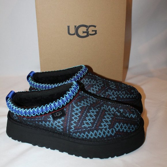NIB UGG TAZZ MAXI PLATFORM TASMAN SHEARLING LINED SLIPPERS‎ BLACK - Picture 1 of 7